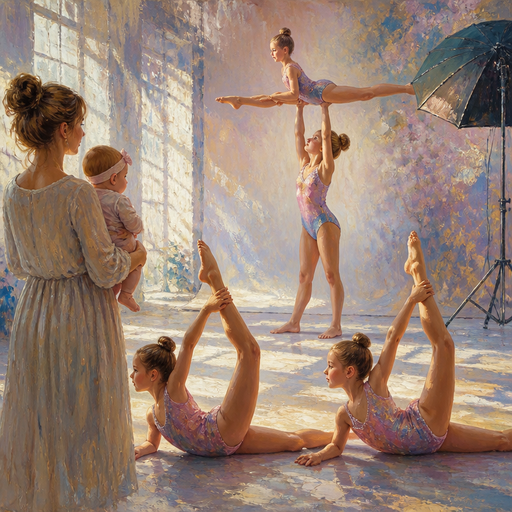 give me a mom holding her baby water too nine year-old daughters are doing a photo shoot for their gymnastic and they’re doing needle stretches, and the 10-year-old twins are lifting each other up in the air and on a big big big big photo shoot set
