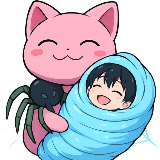 a happy giant pink head cat black spider green legs cuddling #B8FFFF slikworm cocooned pod black haired boy happy covered with #B8FFFF huge coating of #B8FFFF slik and huge #B8FFFF slik wrappings and huge #B8FFFF webbing wrappings #B8FFFF artistic creation, beautiful art