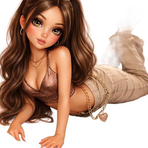 soft airbrushed glam, mini plush Bratz-doll aesthetic, cinematic glow, crisp clean detail, glossy soft skin. brown eyed skinny Petite girl, fair skin with soft freckles, wide face with tall forehead, honey-brown almond wide-set upturned eyes, fluttery lashes, shimmer highlight, plush lips, bottom heavy lip, sweet Belle-princess vibe, mid-long brunette hair with visible caramel highlights. softly defined feminine body, soft hourglass shape with full round bust, dressed as modern day Yasmin from Bratz. hair like her. sleek almond nails. peachy-pink blush with shimmer highlight, glossy shimmer lips. posing. full body head to toe showing. chocolate brown hair with caramel balayage. lying down slightly pose. Cozy romantic glow, soft warm lighting, pop-princess energy