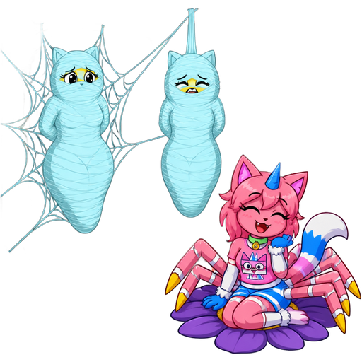 in a dark forest tree background wrapped up and mummified fully covered in a #B8FFFF spider slik cocoon shaped like female anthro yellow cat anthro worried with arms behind back with #B8FFFF spider slik wrappings completely covered with thick layers non-transparent #B8FFFF spider slik wrappings stuck in #B8FFFF spider web on tree branch on the left side next to wrapped up and mummified fully covered in a #B8FFFF spider slik cocoon shaped like female anthro yellow cat anthro whimpering arms behind back with #B8FFFF spider slik wrappings completely covered with thick layers non-transparent #B8FFFF spider slik wrappings hanged to the branch on the the right side next to happy anthro femboy furry pink cat drider with blue and white tail white wrists blue hands white ankles yellow tips on spider legs green collar blue unicorn horn wearing femboy clothing based on unikitty sitting on a purple flower