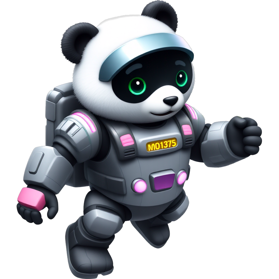 🚀🐼 A futuristic panda with sleek metallic fur, glowing neon stripes, and robotic limbs. It wears a high-tech visor displaying data and carries a holographic bamboo staff. Hovering in zero gravity, surrounded by floating bamboo trees and stars, ready to explore new worlds! 👽🌌