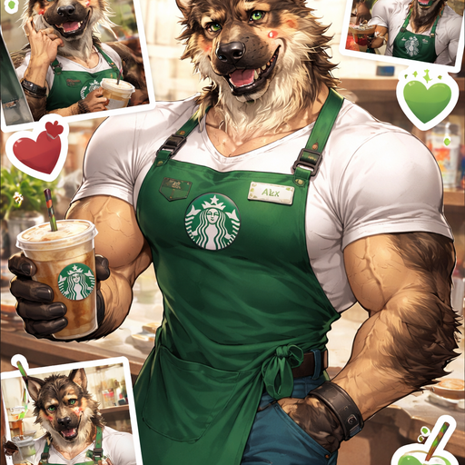 A Full Body and Facial Wallpaper of a Hunky and Chunky a Very Hot and Handsome German Shepard mixed with a Sheep dog bara furry who is a Starbucks worker and Extremely muscular but not to muscular and Extremely Masculine and Handsome and Ginormous Arms and a Rounded Pecs very Short Strait Hair but tall and a little bit lean. Dressed as A Coffee Worker. Blushing Hard
