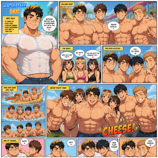 A Full page Anime Comic book story about of a Bulky and not shredded but chunky ANIME Cute Bara Man American 20 year old with a ROUND and BASIC facial structure and Young Adult BARA CUTE that is Peach Toned skin not anything else MALE not to detailed With bigger, better, Bulkier, beefier than average Pecs that pull up the shirts waist that are visible through the shirt and his Biceps tighten the Sleeves and are Gigantically muscular and a big Bandaid on his nose and A V-Shaped body. Wearing a Baggy White swimshirt and Jeans and Short and Black Hair designs and Bright Gold Fluffy Hair tips and Strait with brown eyes and black eyebrows with a Three finger Slash on his Eyebrow an very slim waist and Very Slim lower bod but huge upper body that’s v-shaped. With no Facial Hair. Going to the Waterpark and with his guy friends all shirtless and they all look cute and attractive in front of girls. And they take a group photos that are funny and Hot and attractive and Hila
