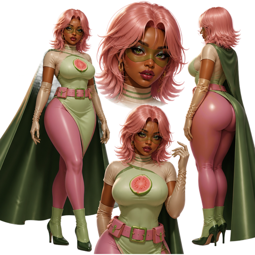 Guava Girl With a Deep-Dark Warm Caramel Skin Tone and a Full Lip Shape with a Doe Eyelash Set Up and a Plum Lipgloss with a Blue and Gold Ombré Eyeshadow and a Straight Eyebrow Shape with a Protruding Eye Shape and a Heart Face Shape with a Pink Shaggy Flipped Medium-Length Cut Bob with a Middle Part Hairstyle Including Bangs with Loose Strands of Hair on the Sides Wearing a Beige Short Sleeved Fitted Turtleneck Stretched Top Wearing a Light Green Body Shield on the Top of her Outfit with Two Green Lines Going Across Near the Neck-Line and a Sliced Guava with a Green Lining around it Wearing Pink Legging Pants with a Flared Pastel Green Pencil Skirt Wearing a Dark Pink Utility Belt With a few green Stripes going down the sides and a Green lining around the Buckle Wearing a Green Domino Mask and Beige Long Gloves and a Long Green Cape Wearing Green Heeled Boots with Dark Green at the Bottom and Green Eyes and a Luminous Glazed Complexion with a 3D Naturalistic Animation and a Mature Adult Curvy Toned Build with a Luxury Glossy and a Refined Pristine Set Up with a Theatrical Appearance