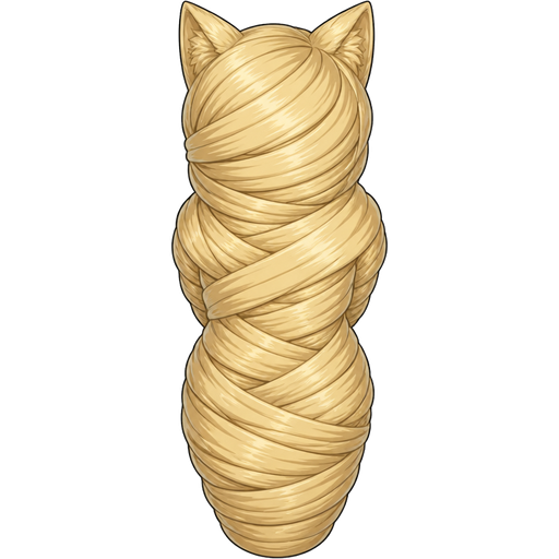 wrapped up and mummified fully covered in a blonde hair cocoon shaped like female cat girl anthro with arms behind back with blonde completely covered with thick layers non-transparent blonde hair blonde hair