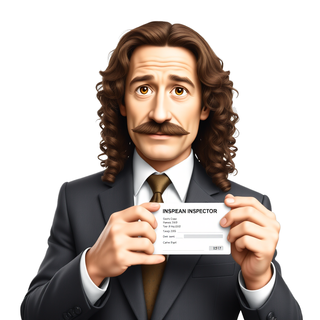 A man with long curly brown hair and mustache in a suit and a tie as an inspector showing his inspector card