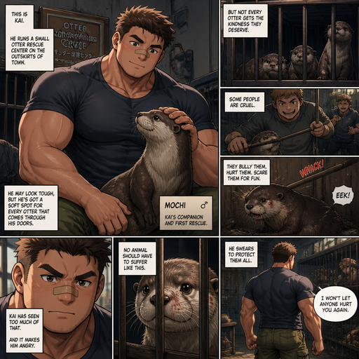 A DETAILED AND LIFELIKE ANIME Comic Book story view of a Bulky but Muscular ANIME Cute Bara Man With Peach toned skin Who looks Normal aind round facial Structure and Basic facial structure With Puffy and Big Pecs that are visible through the shirt and Biceps and Bandaid on his nose and Brown short hair that makes them look tough. Wearing normal With his pet Grown and healthy realistic otter and. A Few otters in a cage. and the otters excessively got bullied.