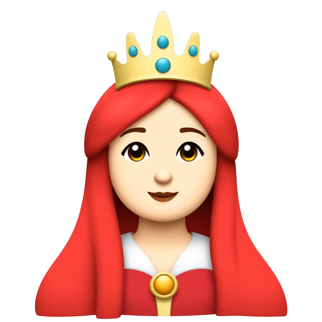 Create an emoji-style queen with bright red, long, straight hair, a small crown, and a simple, clean face with soft features. The design should resemble the classic princess emoji 👸🏻, with the same rounded, playful style, but with red straight hair instead of black.
