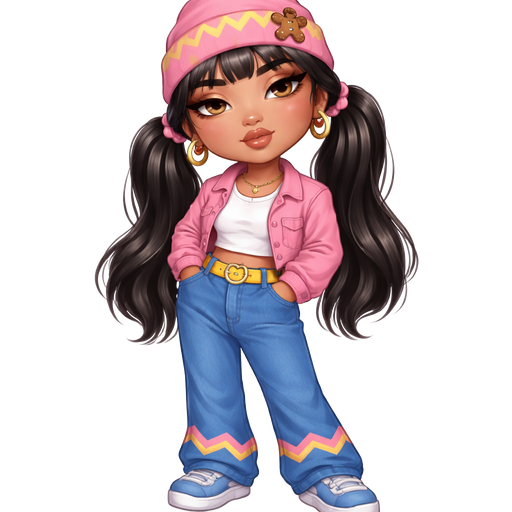 Ginger Snap with a Medium-Tan Neutral Amber Skin Tone and a Beanie with a Pink Stripe in the Center and a Yellow Squiggly Zigzag in the Middle of it and a Small Gingerbread Clip on the Flipped up Part of the Beanie with Jet Black Hair Tied into Ponytails with Pink Scrunchies on both sides of the hair with the Length of the Hair Being Long with a Mature Adult Toned Build and V- Shaped Bangs with Downward-Turned Lips with a Lifted Eyelash Finish Having a Cinnamon Matte Lipstick Style With a Candlelight Golden Glow Makeup Defiance In Which the Eyebrows Are Tapered, Monolid Eyes Shape with a Turned- Up Nose and a Diamond Face Shape With A White T-Shirt and Pink Jean Jacket with Blue Long Jeans with a Pattern of a pink Stripe and a zigzag going down the middle on the bottom of them Wearing Blue Denim Sneakers and a Yellow Belt with a Silver Heart Buckle and Luxury Glossy
