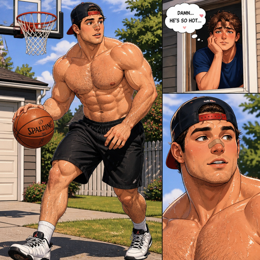 A Real life Full Body anime comic book view of a Bulky and Beefy sized Young adult ANIME Cute Bara Man Who looks Normal and American with a round facial Structure and Basic facial structure With and Biceps and Bandaid on his nose. Playing Basketball in the front yard shirtless and with a baseball hat extremely sweaty And his crush can’t help but watch you play looking so dreamy
