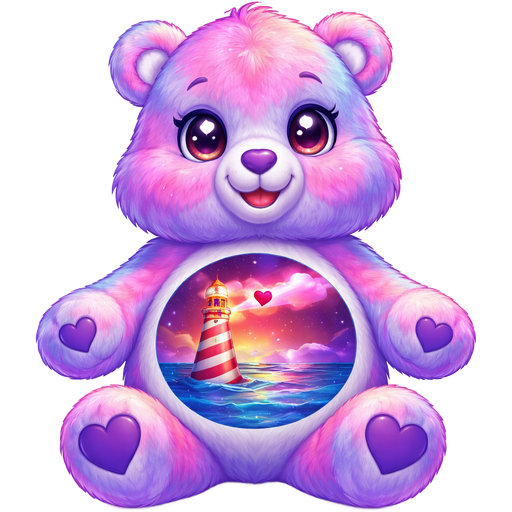Loveshine Care Bear with Pink, Purple and Blue Mixed Pattern Fur with a Sunset Orange and White Striped Light House With a Punch Pink Shooting Heart Coming out of it and the background is a Midnight Sky in Maroon Purple and Light Pink with a Calming Ocean Effect at the Bottom on the Stomach with White Stars in the Pupils of the Eyes and a Indigo Purple Heart Nose with Purple Hearts on the Paws
