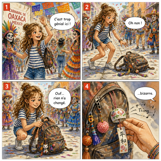 đČđœ Planche BD â Mexique (petit Ă©vĂ©nement) Personnage obligatoire : LĂ©a, 11â12 ans, française, cheveux longs chĂątain dorĂ© ondulĂ©s, petit chignon, visage doux et expressif. T-shirt blanc ou rayĂ© bleu marine, sac Ă dos avec souvenirs. Identique partout. Style : fĂȘte, couleurs, Ă©nergie. đ„ Case 1 : Carnaval LĂ©a danse au milieu de la foule. Bulle de LĂ©a : « Câest trop gĂ©nial ici ! » âž» đ„ Case 2 : Le sac tombe Son sac glisse par terre. Bulle de LĂ©a : « Oh non ! » âž» đ„ Case 3 : Rien dâanormal Elle le ramasse. Bulle de LĂ©a : « Ouf⊠rien nâa changĂ©. » âž» đ„ Case 4 : Petit dĂ©tail La clochette japonaise tinte doucement. Bulle de LĂ©a : « âŠbizarre. »