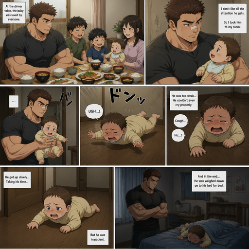 A DETAILED AND LIFELIKE ANIME Comic Book story view of a Bulky but Muscular ANIME Cute Bara Man With Peach toned skin Who looks Normal aind round facial Structure and Basic facial structure With Puffy and Big Pecs that are visible through the shirt and Biceps and Bandaid on his nose and Brown short hair that makes them look tough. Wearing normal With his pet Grown and healthy realistic otter and 2 little brothers that are in different ages but young. But didn‘t like the baby, but At the dinner table the baby was loved by the family. so he picks the little baby and takes him to his room alone and the baby brother fly’s into to the floor and cries but is to weak and the baby brother sits there coughing and gets up slowly and takes his time but he is impatiant. And is weighed down on to his bed for bed