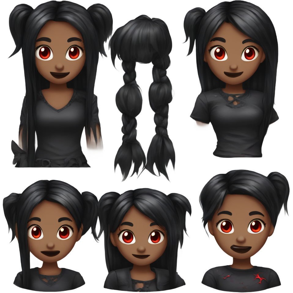 Girl, vampire, black hair, messy pig tails with micro bangs, emo, african american skin, red eyes, visable fangs,emoji,cute