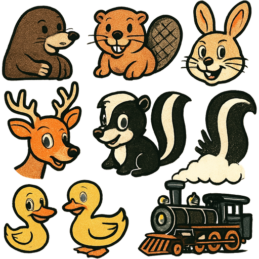Mole, Beaver 1, Beaver 2, Rabbit, Deer, Skunk, Ducks (all), and Big Locomotives Steam Train Chugga Chugga Choo Choo