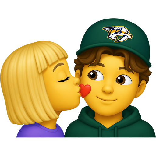 Make a girl with dark blue eyes and a blond bob and bang kissing a guy with a green preds hat and brown eyes and wavy split bangs