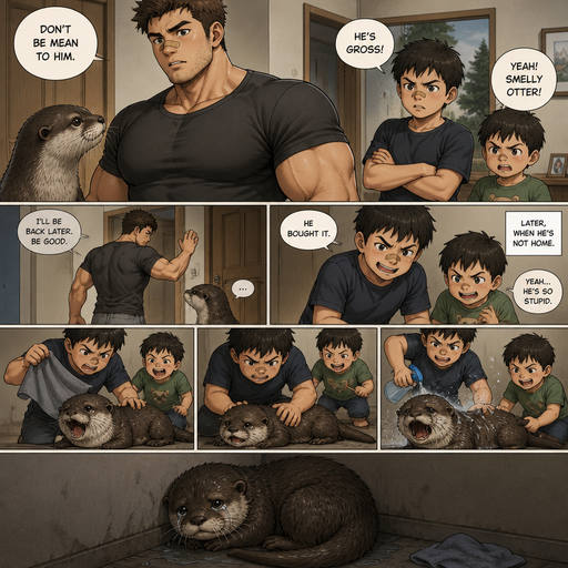 A DETAILED AND LIFELIKE ANIME Comic Book story view of a Bulky but Muscular ANIME Cute Bara Man With Peach toned skin Who looks Normal aind round facial Structure and Basic facial structure With Puffy and Big Pecs that are visible through the shirt and Biceps and Bandaid on his nose and Brown short hair that makes them look tough. Wearing normal With his pet Grown and healthy realistic otter and 2 little brothers that are in different ages but young. And they all don’t like the otter he says don’t be mean to him when he walks away the otter just sits there and looks at them. Later, when the big brother isn’t home, they excessively bully the otter. and it lays there crying in a corner