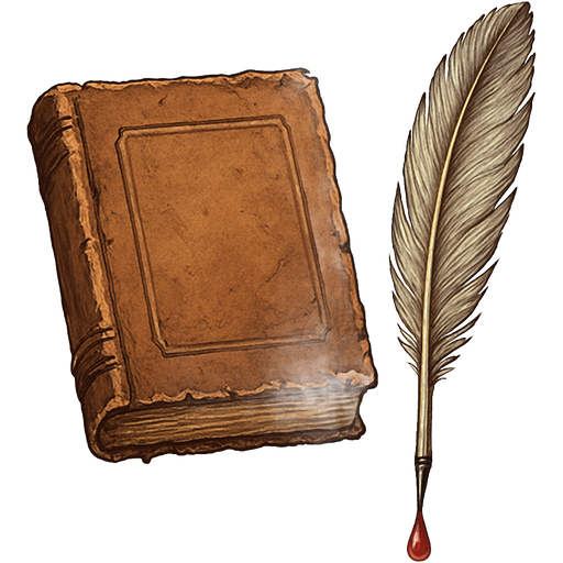 Create a tattered diary. Next to it is an elegant feather. But the key detail is: the pen is not on top of the diary, but next to it, and on its tip is a drop of ink, like a drop of blood.