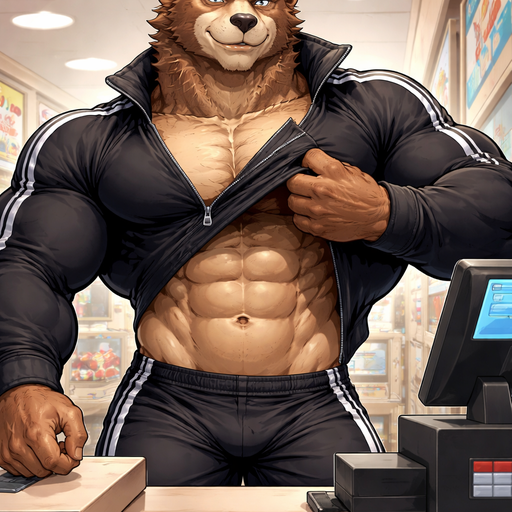 A Full BODY and FACE of a Muscular and Buff and a Gigantically Muscular with Chunky Gigantic Pecs AND biceps and a BIGGER head with the Perfect Waist. VERY Masculine and handsome Anime Bara Furry Grizzly Bear with a Very Good-looking and Mature Face and brown eyes with a wrestler type body. Wearing a Tight Black Shirt Athletic Jacket and Shorts. Scratching stuff under his shirt. At the Cash register