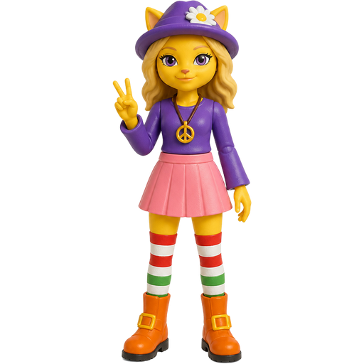 action figure Yellow cat anthro with purple eyes blonde hair purple hat with white flower peace sign necklace purple long sleeved shirt pink skirt long red white green socks orange boots with yellow buckles