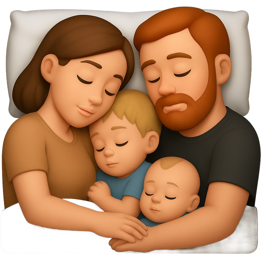 Modern emoji woman sleeping in bed. Her shirt is light brown. She is sleeping on her side and her arm is underneath her head. She has fair skin. Her hair is brown. Her eyes are closed. There is a toddler boy with dark blonde hair sleeping next to her. The toddler is up against her side. There is a baby boy also sleeping next to her. The baby boy is sleeping next to her pressed up against her side. There is a man sleeping next to the woman on his side. He is wearing a black shirt. He has brown/red hair. His hair is short. He has a long beard and mustache. His arm is wrapped around the family.