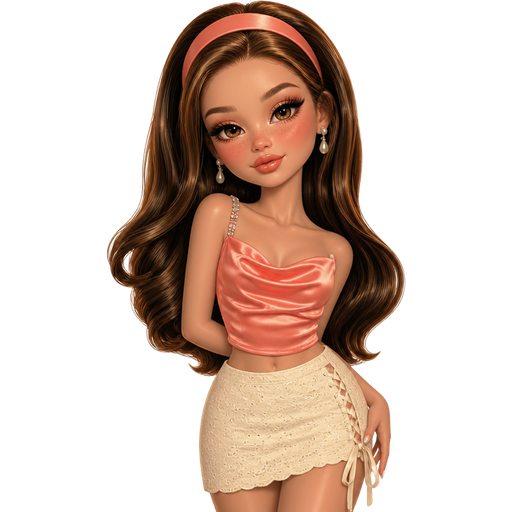 semi-realistic soft cartoon luxury glam, mini plush Bratz-doll aesthetic, cinematic glow, crisp clean detail, glossy glam skin. brown eyed Petite 5ft girl, fair skin with soft freckles, wide face with tall forehead, honey-brown almond wide-set upturned eyes, fluttery lashes, shimmer highlight, plush lips, bottom heavy lip, sweet Belle-princess vibe, long straight brunette hair with visible caramel highlights, wearing a coral satin cowl-neck crop top with a rhinestone strap, a fitted cream eyelet mini skirt with ribbon-laced side detail, pearl-drop earrings, hair in big soft waves with a thick headband, makeup with glossy coral lids, fluttery lashes, luminous peach highlighter, bright apricot blush, and a juicy coral gloss