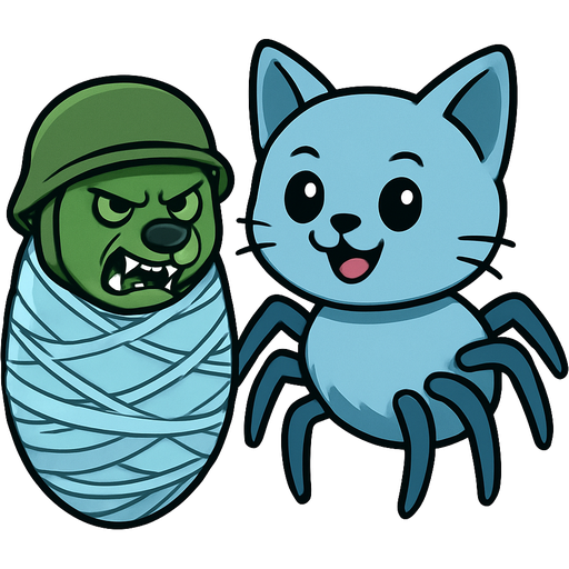 #B8FFFF cocooned wrapped up green bear with green helmet green eyes and sharp teeth angry coated with think coat of #B8FFFF webbing and silk with a happy giant spider cat