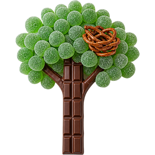 chocolate bar for tree trunk with tree leaves made out of green gumdrops with pretzels for bird's nest