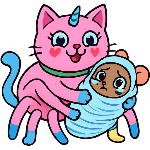 giant pink cat spider hybrid with blue unicorn horn green collar blue eyes with eyelashes heart shaped cheeks white wrists blue hands white ankles yellow feet blue tail and with white stripe happy hugging #B8FFFF cocoon slikworm cocooned pod brown mouse worried and teary eyes completely covered with #B8FFFF huge coating of #B8FFFF spider slik and huge #B8FFFF spider slik wrappings and huge #B8FFFF spider slik webbing wrappings cocoon #B8FFFF