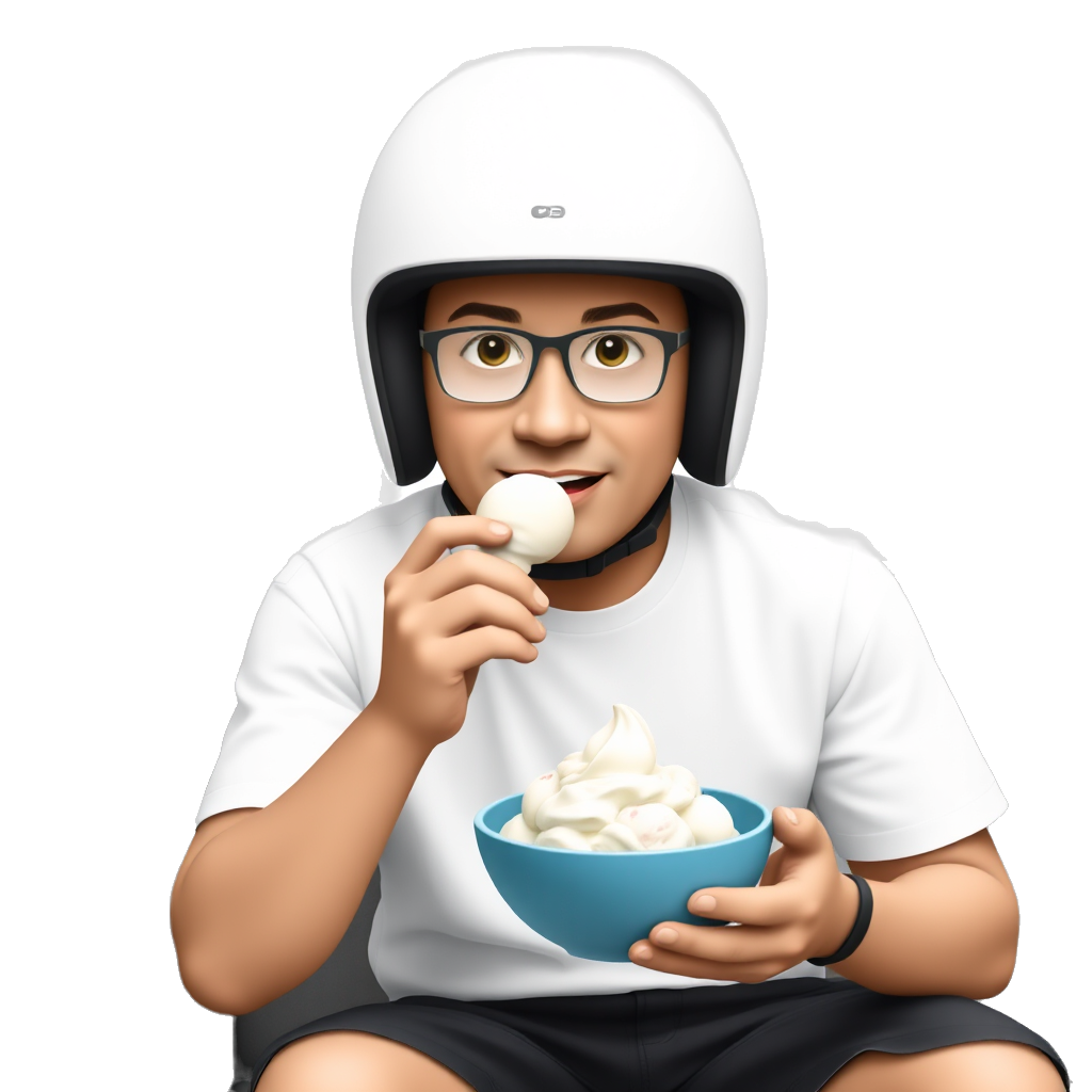 chinese guy with clear grey glasses, a white shirt, black shorts on sitting on a couch eating a blue bowl of ice cream with a white helmet