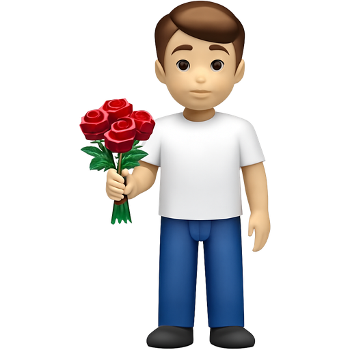homme avec cheveux châtains debout peau claire , tenant un bouquet de roses rouges dans sa main gauche, il est habillé d’un T-shirt blanc et d’un jean bleu