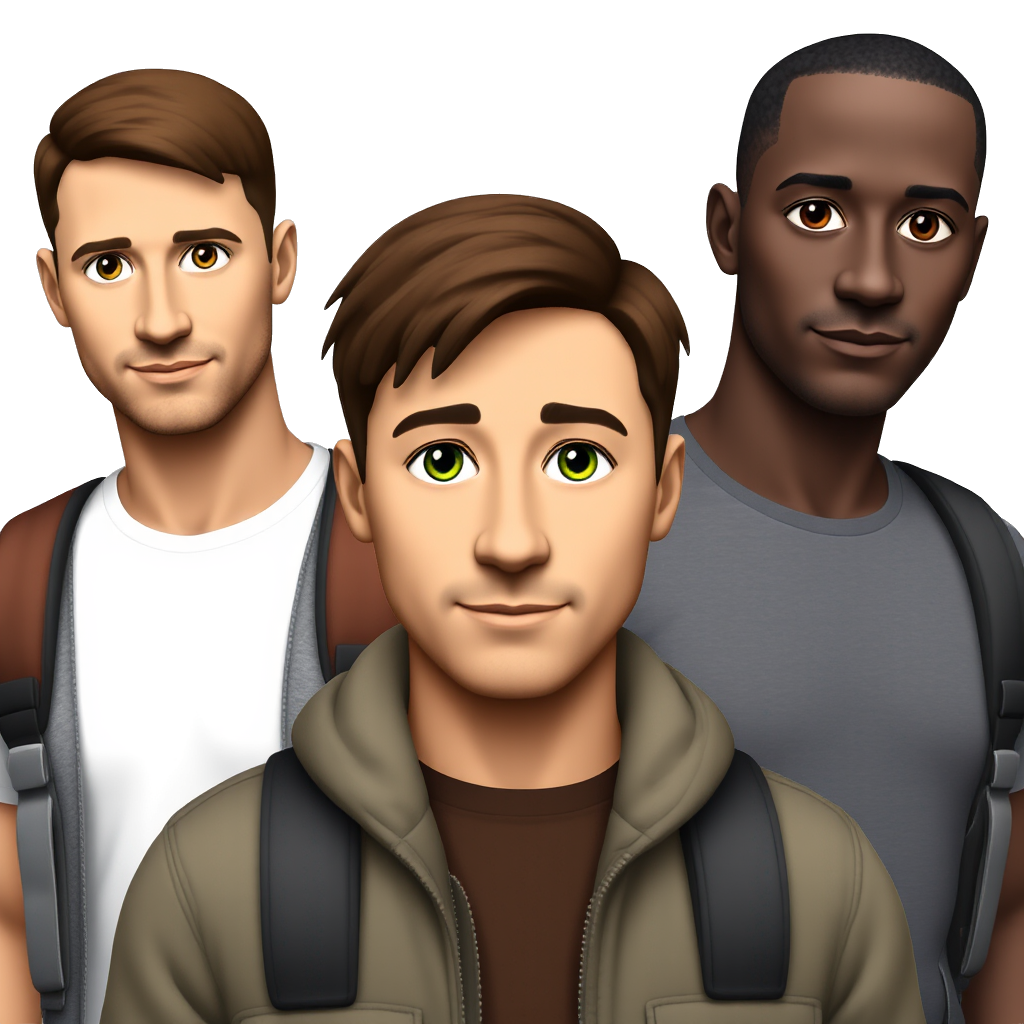 one white man with brown hair and green eyes standing next to two other men one of them being mixed skin and the other being black