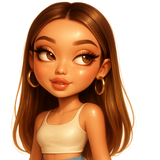 luxury glossy bratz-anime romantic aesthetic, warm cinematic glow, crisp clean detail, glossy glam skin. petite girl, warm soft-autumn tone, fair skin, honey-brown almond eyes, soft freckles, warm toasty glam makeup, glossy nude lips, flutter lashes, sweet Belle-princess vibe, long brunette honey balayage hair with visible light honey blonde highlights, Cream crop top and light blue cargos, straight hair tucked behind ears, honey gloss, gold hoops, playful eye roll, pop-princess energy, shimmer highlight, sparkly glow