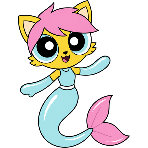 yellow boy cat furry with pink hair and light cyan very long rubber gloves light cyan dress tucked in light cyan mermaid tail with white highlights with pink tail fins (powerpuff girls version)
