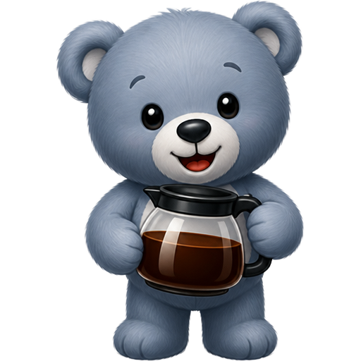 A grey/blue teddy smiling, holding juggle of coffee with words “morning!” with coffee above! sparkles around the teddy bear 🧸 . and a little red heart.