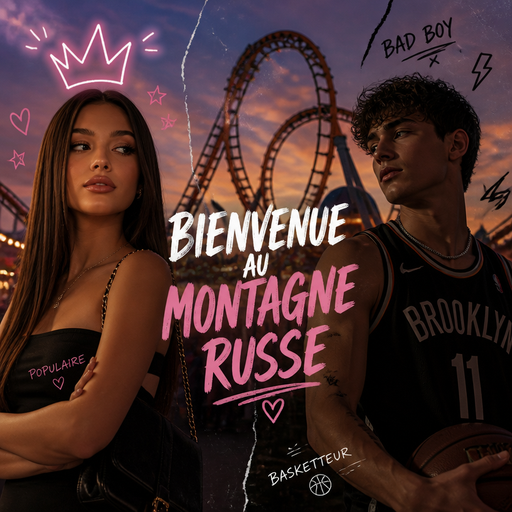 En gros c’est une page de garde pour une série qui s’appelle bienvenue au montagne russe il y a une fille brune avec les cheveux lisses d’un côté et de l’autre un garçon la fille est populaire et on voit un couronne dessiner au dessus d’elle et le mec est un basketteur bad boy
