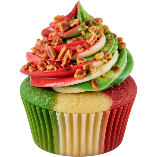 Holiday Toffee Crunch Cupcake and the Cupcake is Half Green, Vanilla and Half Red with Green and Red Cherry Swirled Buttercream Frosting with Toffee on Top