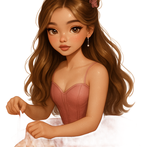 honey brown eyes and light honey highlights in hair, luxury glossy bratz anime-romantic aesthetic, warm cinematic glow, crisp clean detail, glossy glam skin. petite girl, soft-autumn tone, fair skin, honey-brown almond eyes, soft freckles, round, full moderate bust, chubby upper arms, sweet Belle-princess vibe, long brunette honey balayage hair with visible light blonde highlights, dusty rose corset, organza petal mini skirt, ballet wrap, satin ballet heels; soft ballerina bun with rose pins; rosy ballerina blush, feather lashes, petal-pink lips; pearl thread earrings; tying ballet ribbons , pop-princess energy, shimmer highlight, sparkly glow