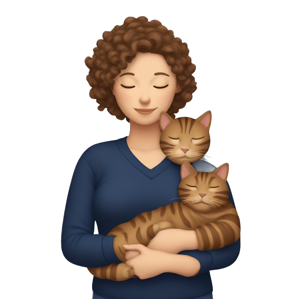 A fair skinned woman with curly, brown hair sleeping with her cat in her arms. The cat has stripes and is brown. It is a chunky cat. The woman is wearing a navy v-neck sweater.
