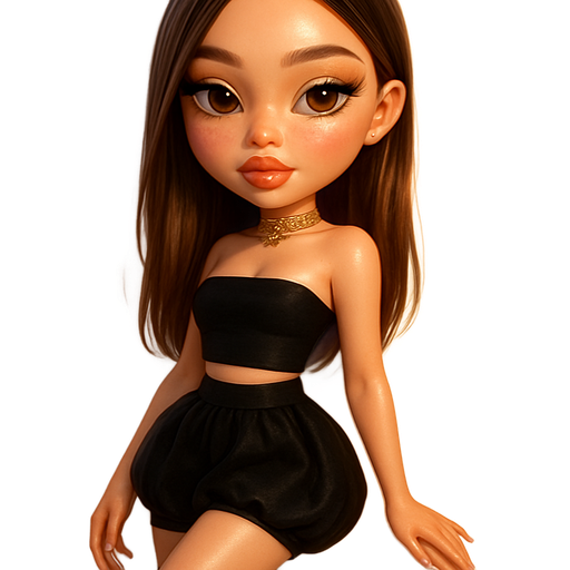 sleek cartoon luxury glam, mini plush Bratz-doll aesthetic, cinematic glow, crisp clean detail, glossy glam skin. brown eyed skinny Petite girl, fair skin with soft freckles, wide face with tall forehead, honey-brown almond wide-set upturned eyes, fluttery lashes, shimmer highlight, plush lips, bottom heavy lip, sweet Belle-princess vibe, medium-long brunette hair with visible caramel highlights, hair sleek and softly straight side part falling over face. softly defined feminine body, soft hourglass shape with full round bust, cropped black tube top ending slightly below waist, black puffy bubble mini skirt, black pointy stilettos. peachy-pink blush with shimmer highlight, glossy nude-rose lips, sleek french almond nails, gold jewel pattern choker. leaning on wall, knee bent pose. full body showing. Cozy romantic glow, soft warm lighting, pop-princess energy