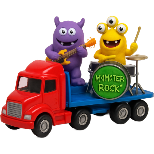 red truck toy with blue trailer with purple monster holding a guitar and yellow monster with three eyes on a drumset green slime texted monster rock! artistic creation, beautiful art