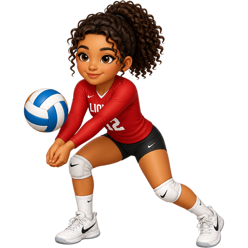 A mixed girl with curly hair in a red uniform with white letters and black shorts and white volleyball Nike shoes make her pose with a white and blue volleyball