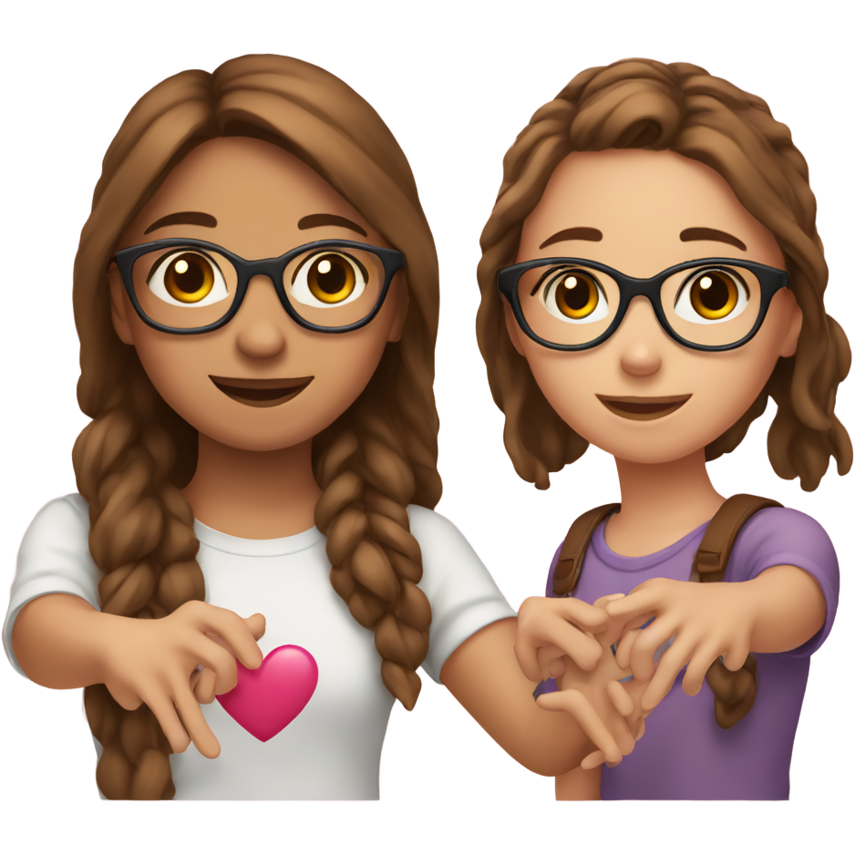 Two girls. One with brown hair, glasses and one with brown hair. Both making hearts with their hands a connecting them together.