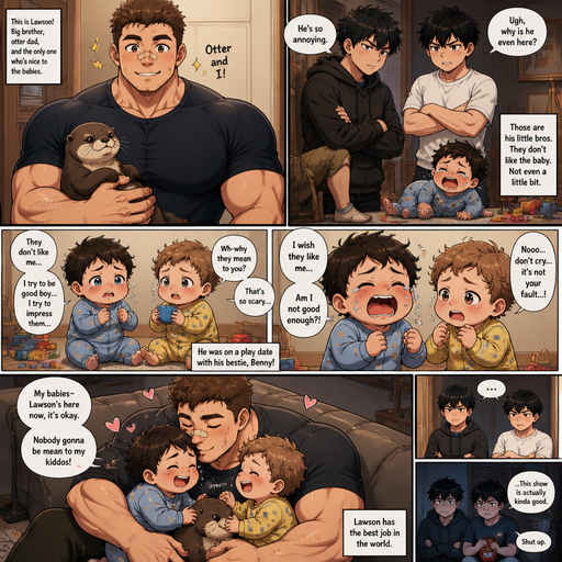 A DETAILED AND LIFELIKE and detailed anime Comic Book story view of a Bulky but Muscular ANIME Cute Bara Man With Peach toned skin Who looks Normal aind round facial Structure and Basic facial structure With Puffy and Big Pecs that are visible through the shirt and Biceps and Bandaid on his nose and Brown short hair that makes them look tough. Wearing normal With his pet Grown and healthy realistic otter and 2 little brothers that despises the baby and the baby knows and baby that are in different ages but young. At the house, the baby is with his best friend baby on a play date and the baby tells the baby‘s best friend that he isn’t favored by the brothers and the baby‘s best friend is scared and the brother‘s hate the baby. And the baby guys to impress the other brothers but the only brother that Lawson was the big one. And cries, and and speaks grammatically incorrect. and the big brother has so much fun with the babies and watches their show with them and cuddles and kisses both of them