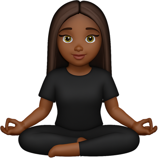 pretty black girl with dark brown long straight amazing hair and green eyes sitting in yoga pose with black outfit (short sleeve t-shirt)