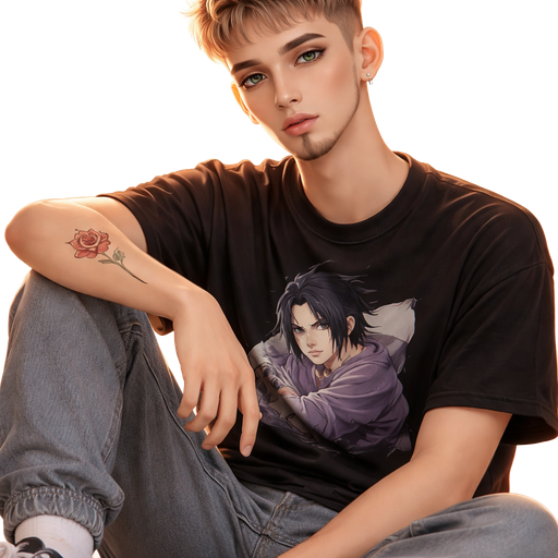 cartoon aesthetic, cinematic glow, crisp clean detail, glossy glam skin. tall slender boy with an oblong face with tapered jaw, long pointed chin, straight defined nose, high cheekbones, muted green hazel almond shaped slightly close-set, slightly downturned with long lashes, thin long brows, defined brow bone, golden light skin tone, plump, soft pink lips, long goatee, light ash brown hair, short textured crop haircut, youthful masculine serious expression. wearing a black shirt with Sasuke on it, grey jean joggers, grey suede colorblock vans. he is not wearing any jewelry. he has a colored minimalist rose with stem tattooed on his bottom left forearm. sitting. Cozy romantic glow, soft warm lighting, sunlit prince energy
