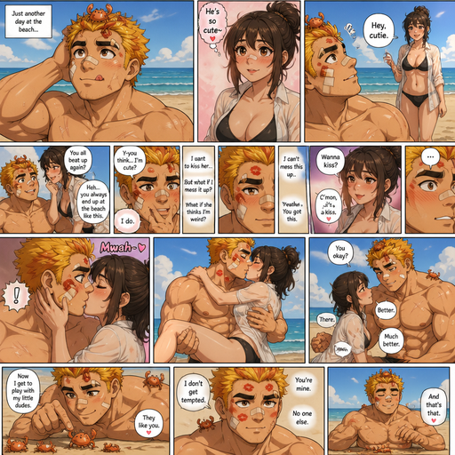 A Full page Anime Comic book story about of a Bulky and less shredded or muscular ANIME Cute Bara Man American 20 year old with a ROUND and BASIC facial structure and Young Adult BARA CUTE that is Peach Toned skin not anything else MALE not to detailed With bigger than average Pecs that are visible through the shirt and Biceps and a big Bandaid on his nose and Left Cheek and Right Eye brow with Scars all over his Chest and arms. Wearing a no piercings Shirtless and drenched in sweat and Short and yellowish orange Hair and Bright Gold Hair Tips and Strait with brown eyes and black eyebrows with a Three finger Slash on his Eyebrow. With no Facial Hair. Sitting down at the beach looking up And Balances Baby Crabs on his head and Licking his lips and and makes his crush who is walking over to him blush but she flirts with him and he wants to kiss but can’t cause he will get scared he’ll embarrass himself he calms himself down. Kisses him and He gets kiss marks on his face. He stands up and is a foot taller so he picks her up and kisses her and sit her down and says there better and sits down and plays with his Crabs. He unable to greed and is unable to be tempted