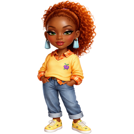 Cherry Blossom with a Dark-Deep Neutral Mahogany Skin Tone with Glamour Lip Shape and a Staggered Eyelash Set Up with a Forest Red Lipstick Look with a Brown Eyes and With Turquoise Blue Eyeshadow and a S-Shaped Eyebrow with a Round Eye Shape and a Oval Face Shape with Orange Curly Afro-Textured Hair in a Pulled Back Ponytail Wearing Pastel Blue Rectangle Earrings Wearing a Orange Long Sleeve Flannel Shirt With a Long Sleeve Yellow Sweater Over it With the Neck-Line being a Light Yellow and the Bottom of the Sweater is also Light Yellow with a Print of a Purple Cherry on the Left side of the Sweater with Rolled up Sleeves and Denim Jeans Wearing Yellow Shoes a Printed Pattern of Green Cherries on it with a Mature Adult Toned Build And Cinematic Radiance with Vivid and Distinct Features with High Visual Textures in a Soft Polished Shine