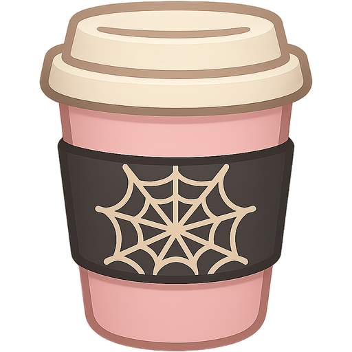 pink iced coffee cup with spiderweb print, beige and black accents, cozy halloween aesthetic, modern iOS emoji style, transparent background