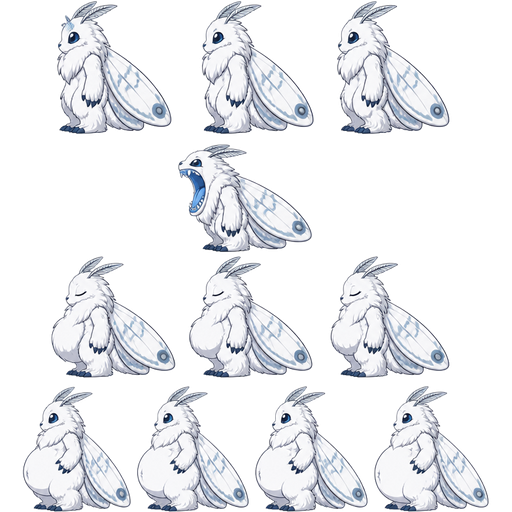 (1 giant snow moth furry idle 3 three sprites side view) (2 giant snow moth furry side view with a blue mouth open wide side view)(3 giant snow moth furry side view with a blue mouth closed and eyes closed and thorax bulge 3 sprites side view) (4 giant snow moth furry with full tummy mouth closed 4 sprites side view) games sprites (cute cartoon clipart style)